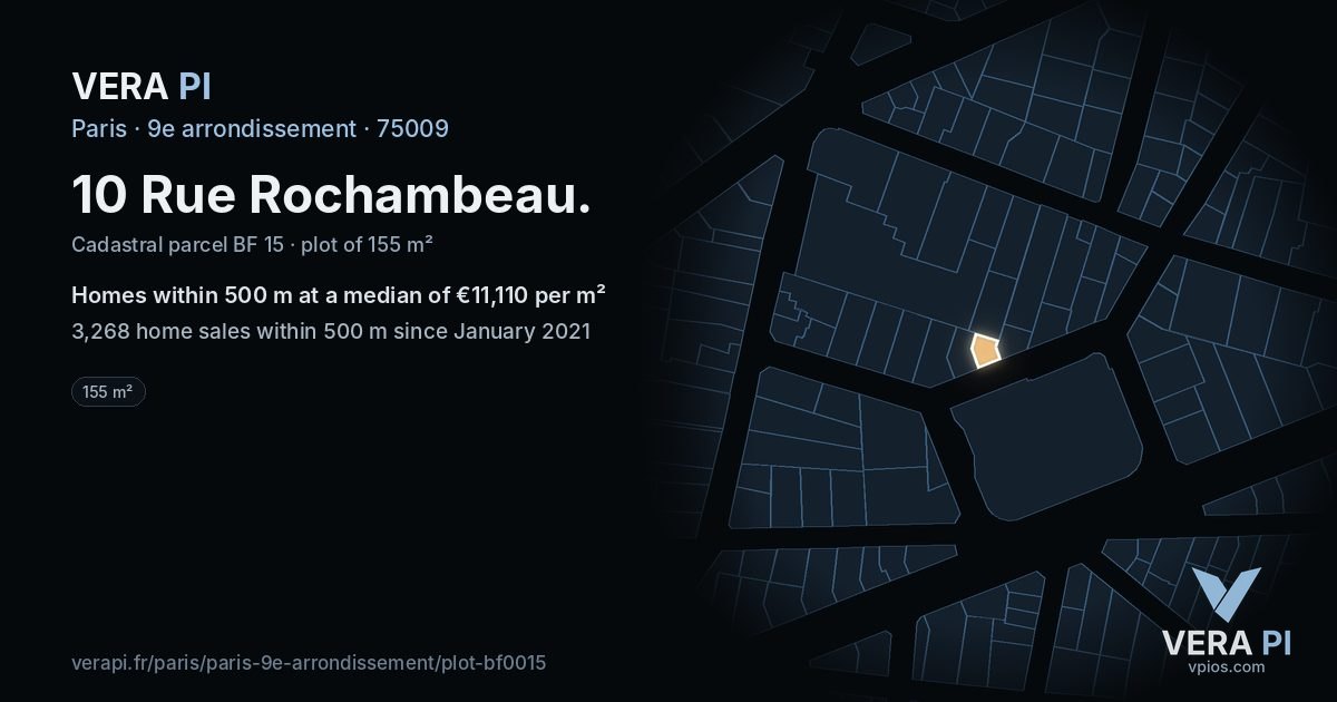 10 Rue Rochambeau, 9e arrondissement at night – the plot lit, the parcels around coloured by the prices near them
