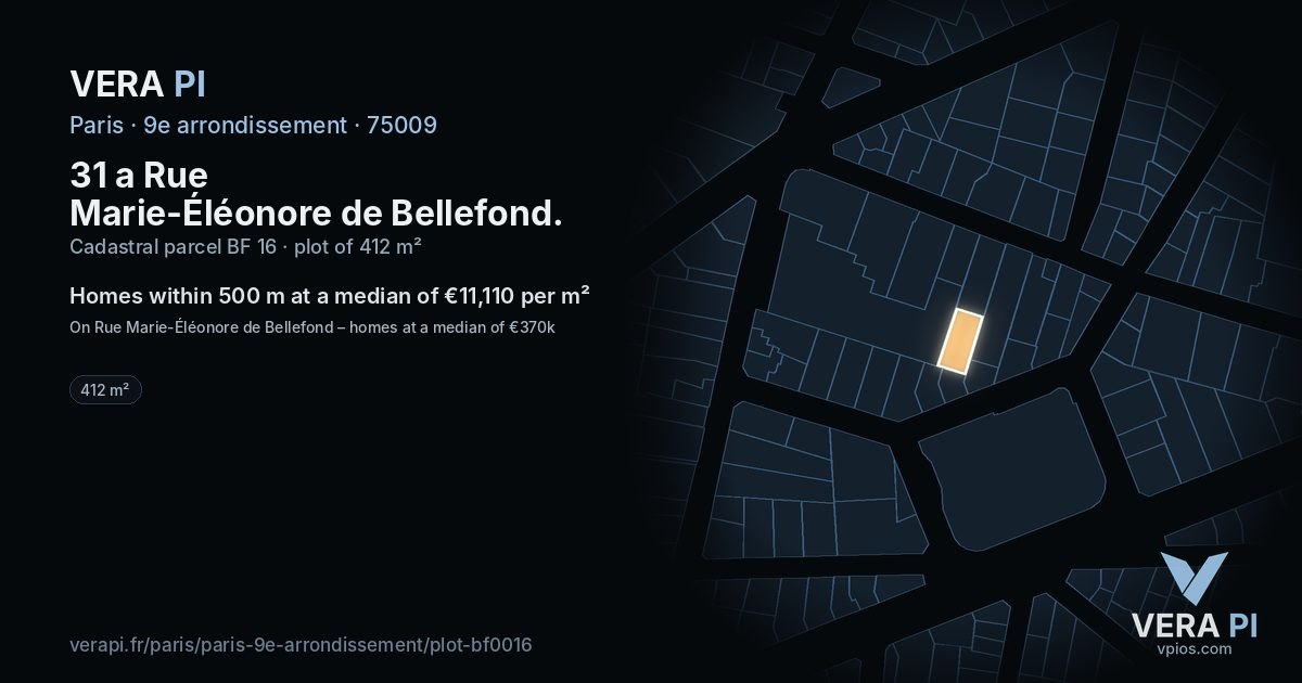 31 a Rue Marie-Éléonore de Bellefond, 9e arrondissement at night – the plot lit, the parcels around coloured by the prices near them