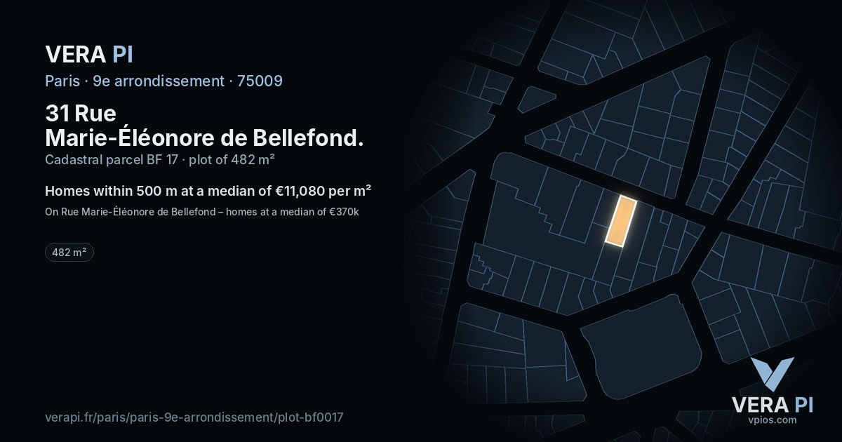 31 Rue Marie-Éléonore de Bellefond, 9e arrondissement at night – the plot lit, the parcels around coloured by the prices near them