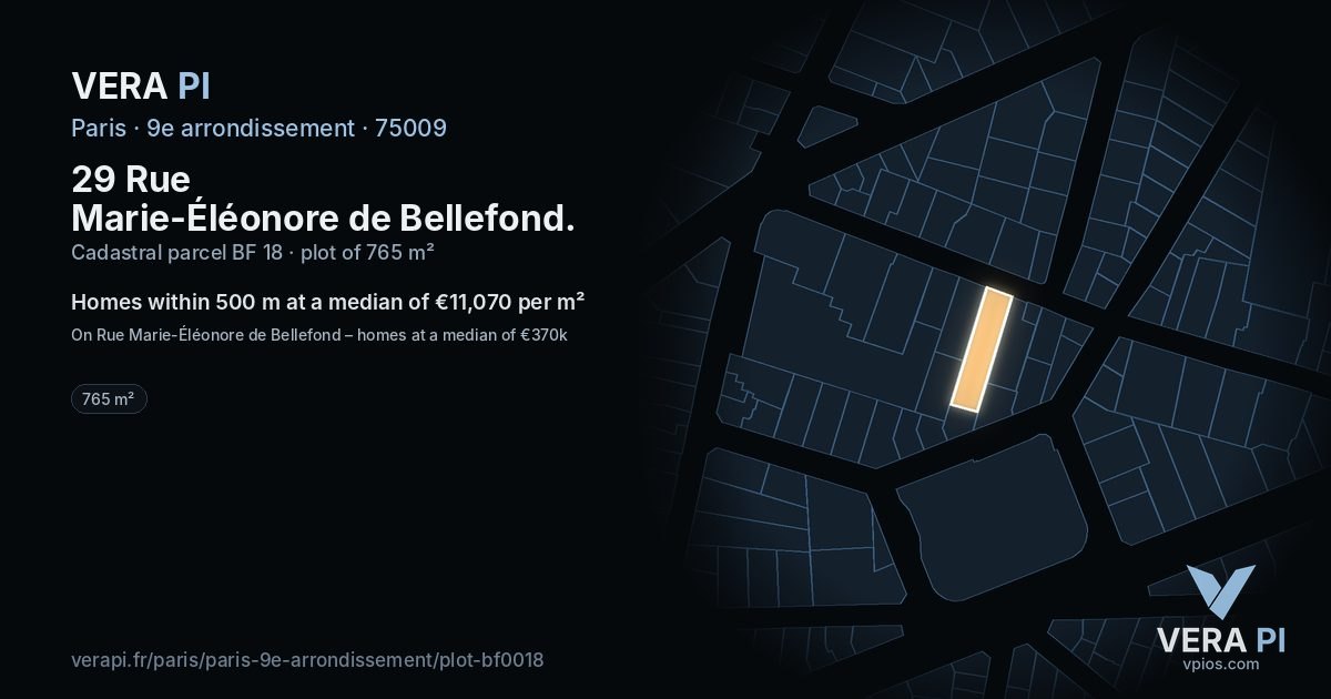 29 Rue Marie-Éléonore de Bellefond, 9e arrondissement at night – the plot lit, the parcels around coloured by the prices near them