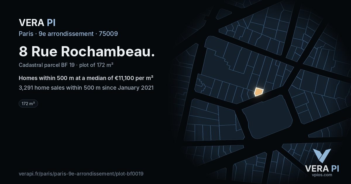 8 Rue Rochambeau, 9e arrondissement at night – the plot lit, the parcels around coloured by the prices near them
