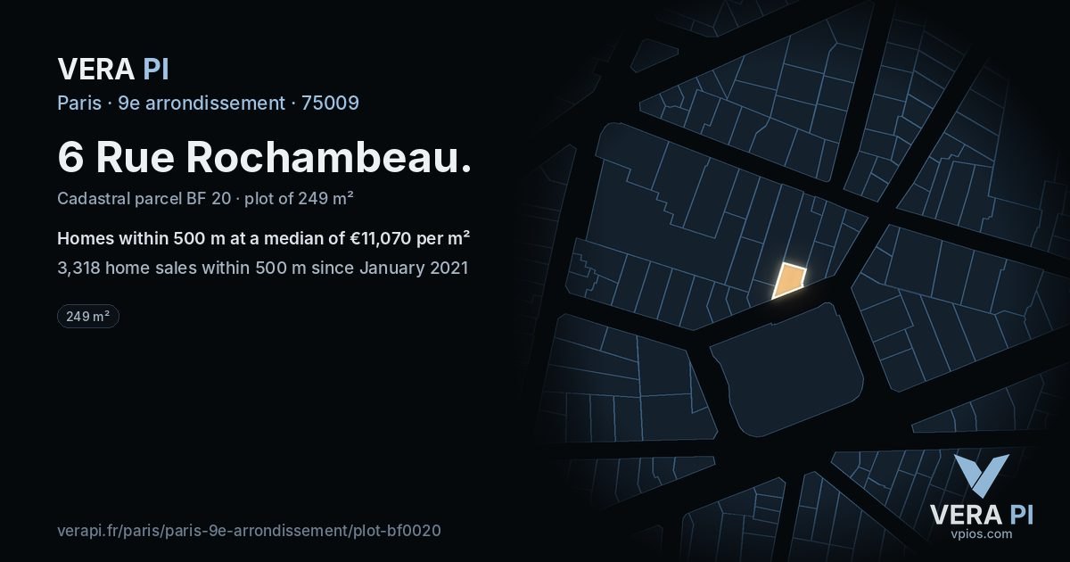 6 Rue Rochambeau, 9e arrondissement at night – the plot lit, the parcels around coloured by the prices near them