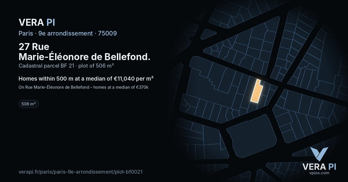 27 Rue Marie-Éléonore de Bellefond, 9e arrondissement at night – the plot lit, the parcels around coloured by the prices near them