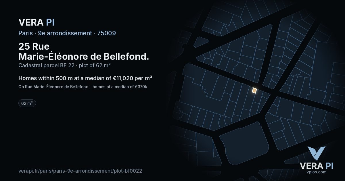 25 Rue Marie-Éléonore de Bellefond, 9e arrondissement at night – the plot lit, the parcels around coloured by the prices near them