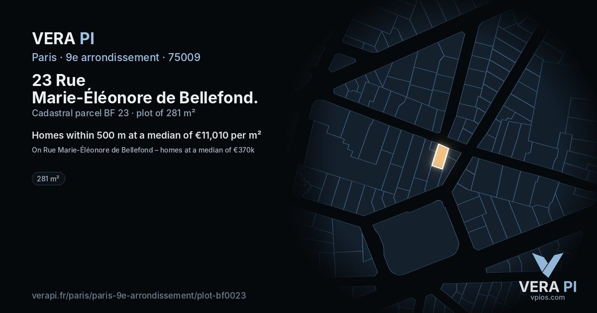 23 Rue Marie-Éléonore de Bellefond, 9e arrondissement at night – the plot lit, the parcels around coloured by the prices near them