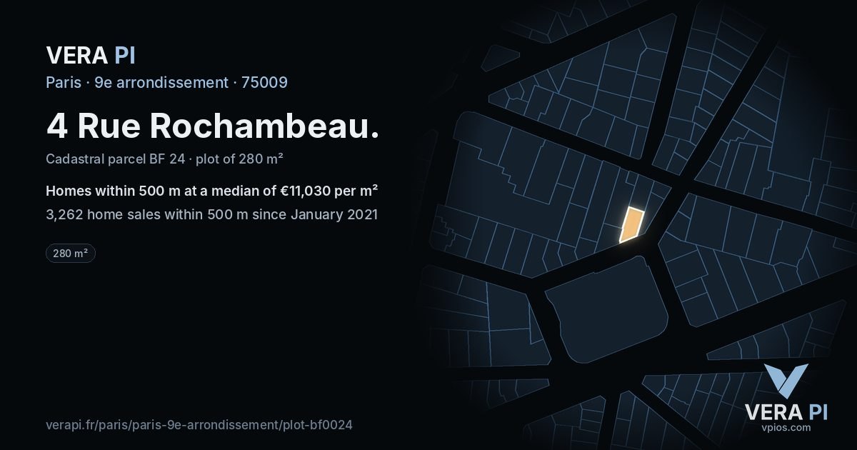 4 Rue Rochambeau, 9e arrondissement at night – the plot lit, the parcels around coloured by the prices near them