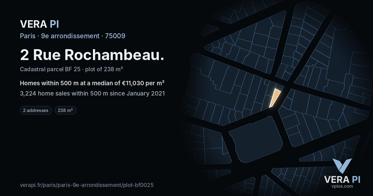 2 Rue Rochambeau, 9e arrondissement at night – the plot lit, the parcels around coloured by the prices near them