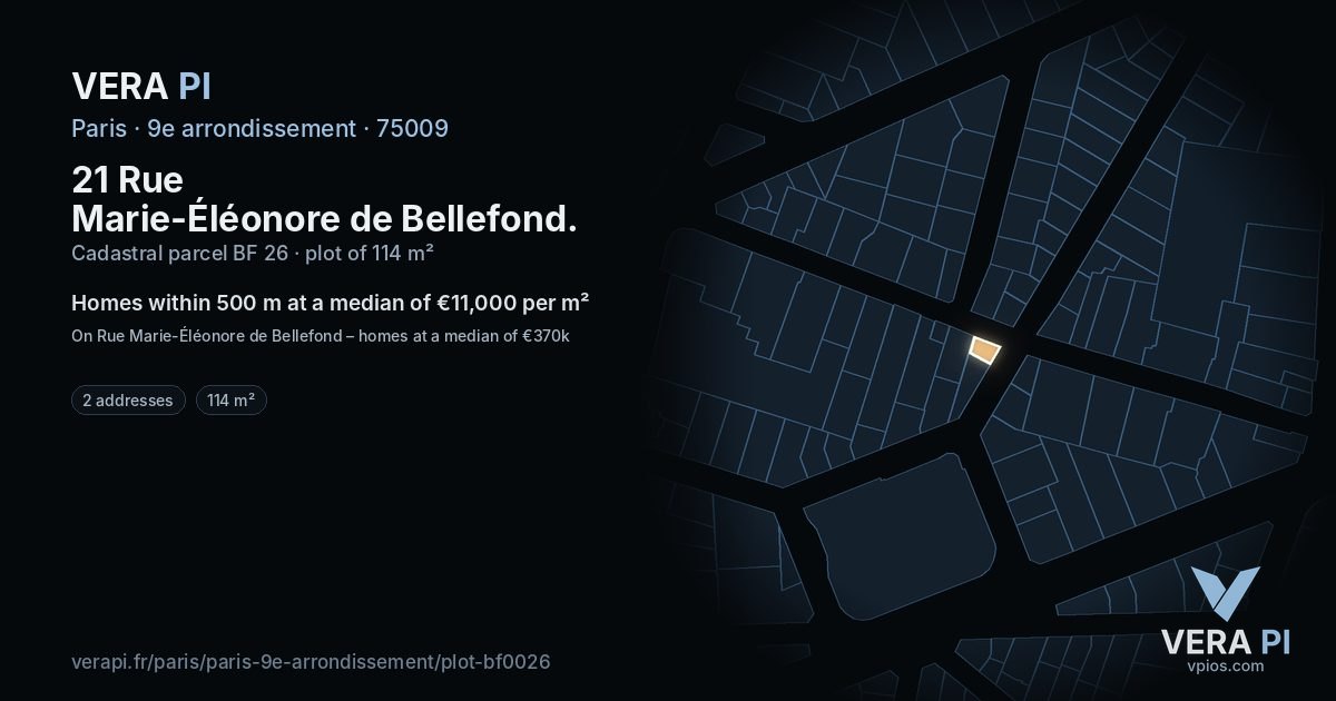 21 Rue Marie-Éléonore de Bellefond, 9e arrondissement at night – the plot lit, the parcels around coloured by the prices near them