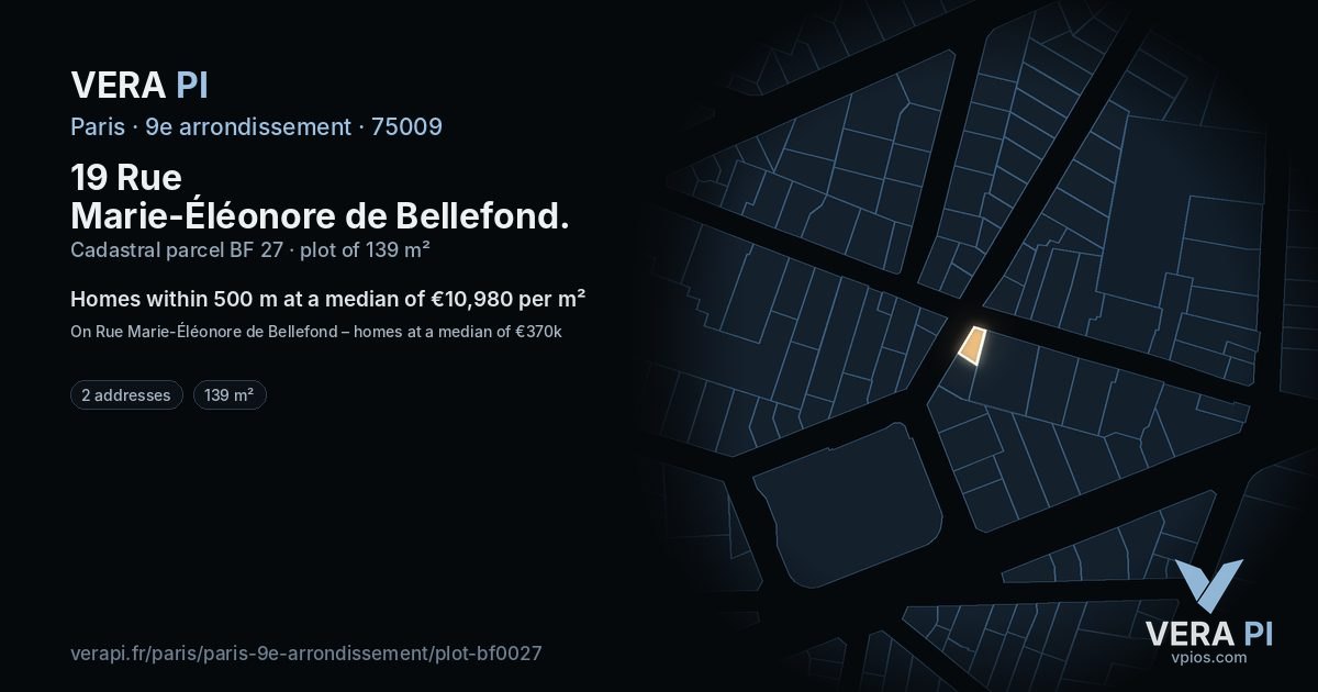 19 Rue Marie-Éléonore de Bellefond, 9e arrondissement at night – the plot lit, the parcels around coloured by the prices near them