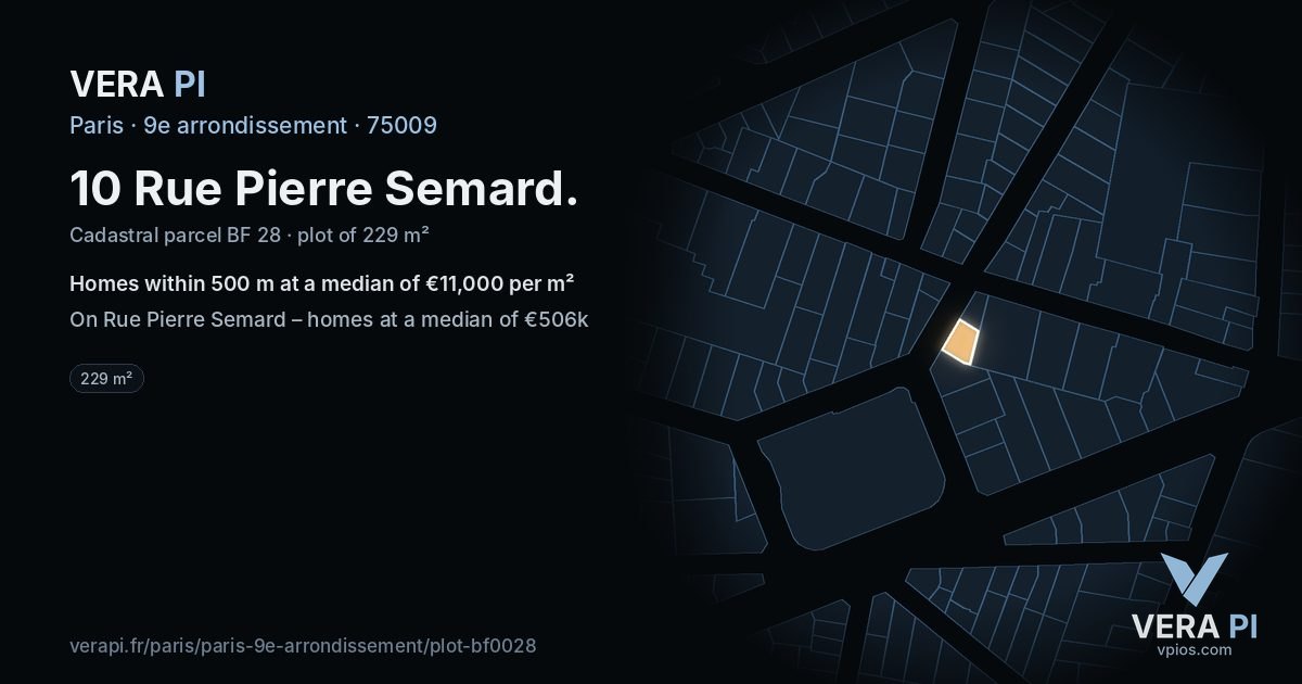10 Rue Pierre Semard, 9e arrondissement at night – the plot lit, the parcels around coloured by the prices near them