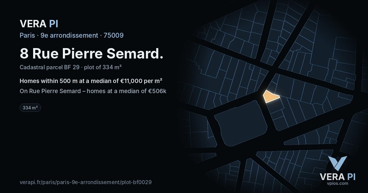 8 Rue Pierre Semard, 9e arrondissement at night – the plot lit, the parcels around coloured by the prices near them