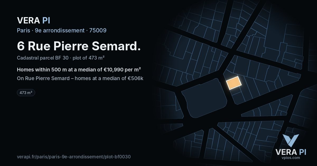 6 Rue Pierre Semard, 9e arrondissement at night – the plot lit, the parcels around coloured by the prices near them