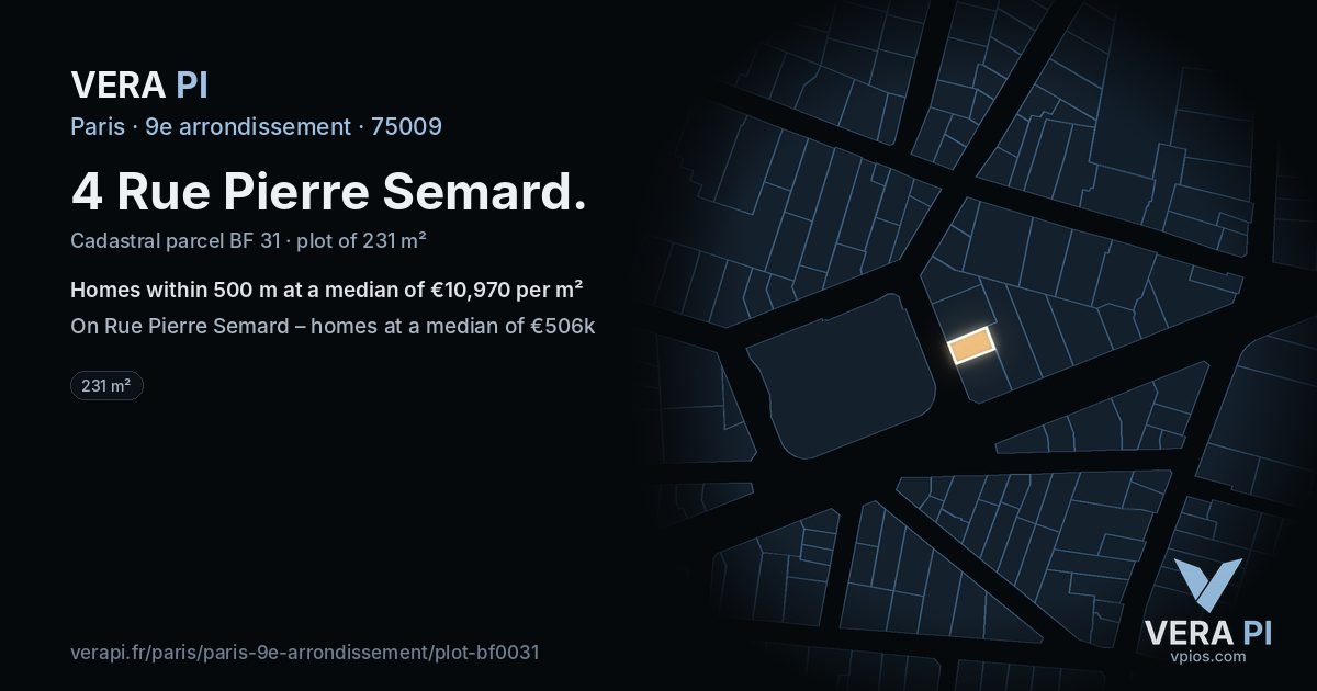 4 Rue Pierre Semard, 9e arrondissement at night – the plot lit, the parcels around coloured by the prices near them