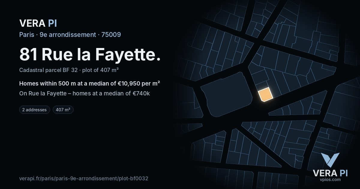 81 Rue la Fayette, 9e arrondissement at night – the plot lit, the parcels around coloured by the prices near them