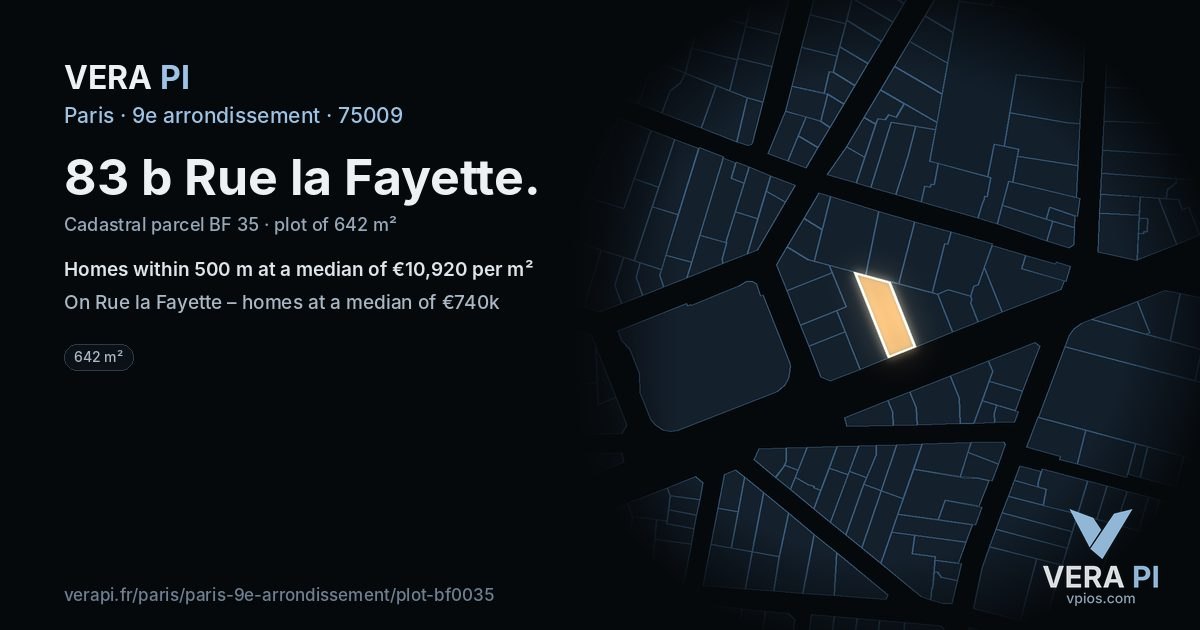 83 b Rue la Fayette, 9e arrondissement at night – the plot lit, the parcels around coloured by the prices near them