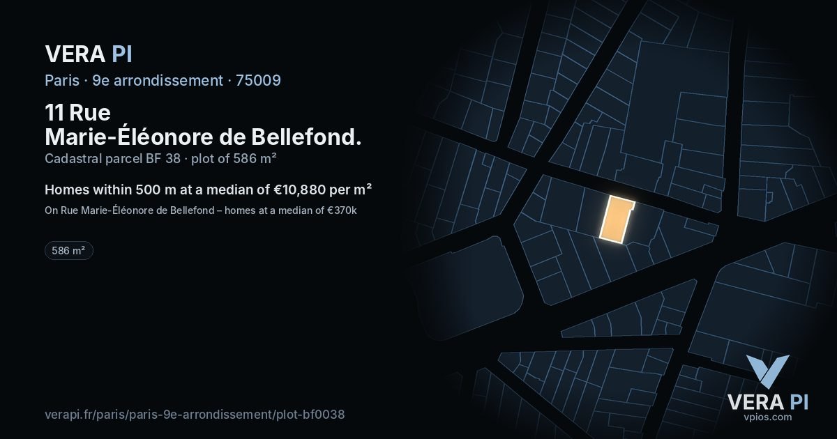 11 Rue Marie-Éléonore de Bellefond, 9e arrondissement at night – the plot lit, the parcels around coloured by the prices near them