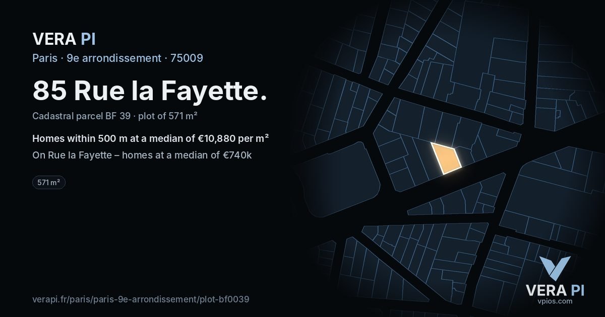 85 Rue la Fayette, 9e arrondissement at night – the plot lit, the parcels around coloured by the prices near them