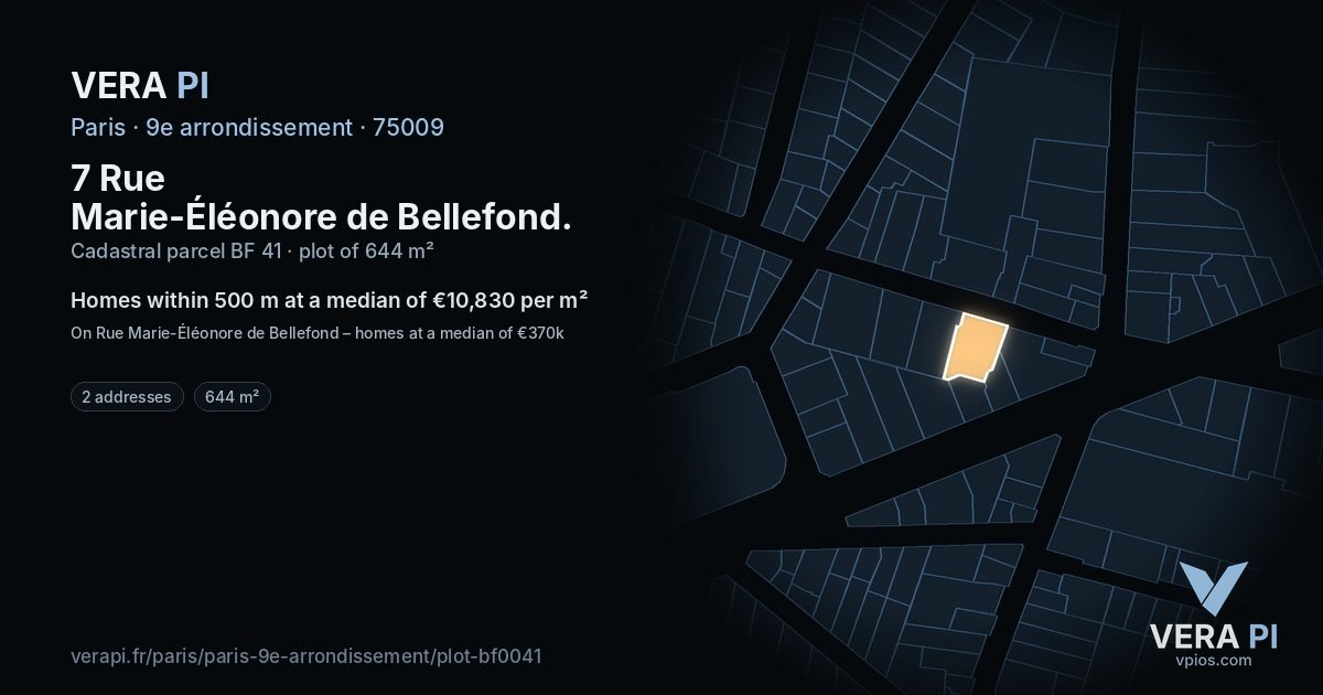 7 Rue Marie-Éléonore de Bellefond, 9e arrondissement at night – the plot lit, the parcels around coloured by the prices near them