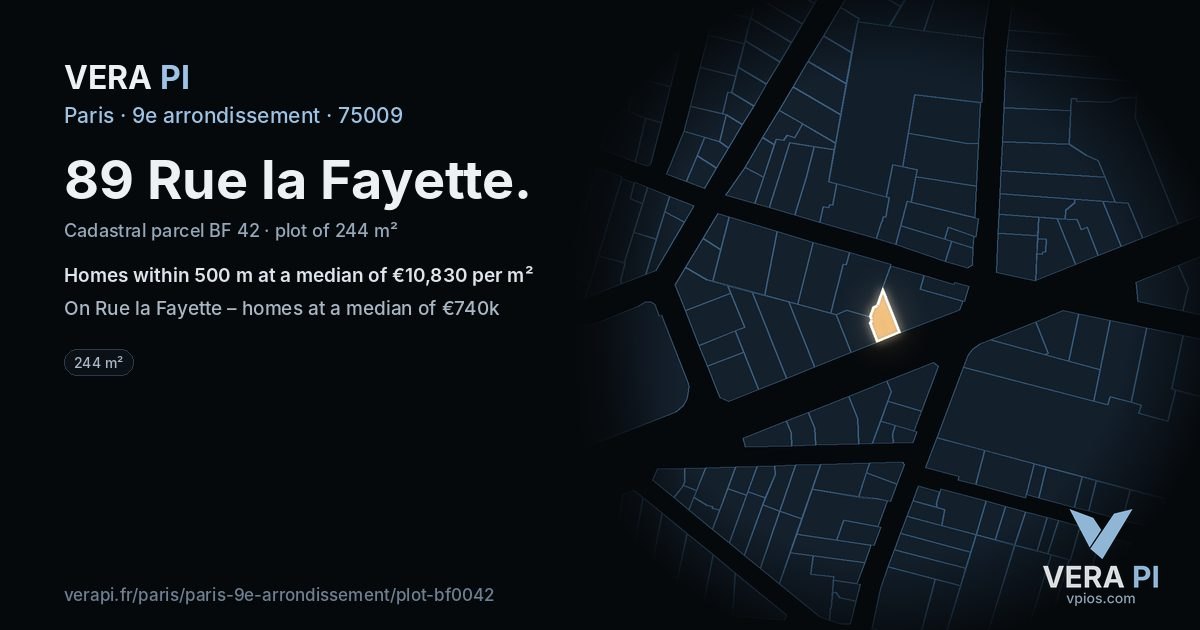89 Rue la Fayette, 9e arrondissement at night – the plot lit, the parcels around coloured by the prices near them