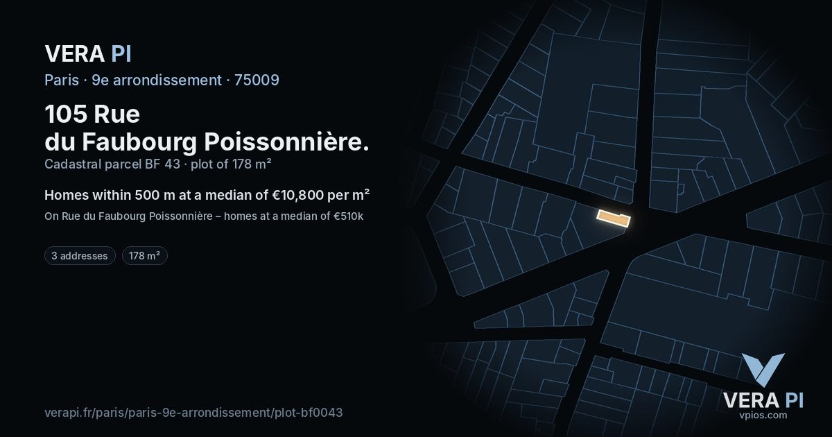 105 Rue du Faubourg Poissonnière, 9e arrondissement at night – the plot lit, the parcels around coloured by the prices near them