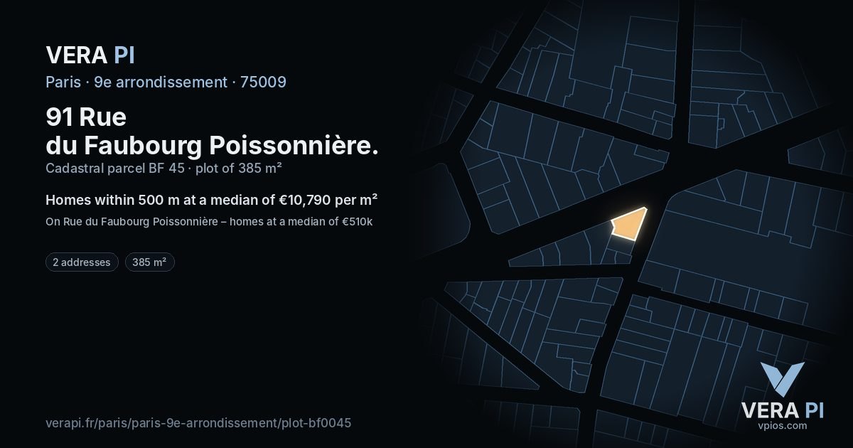 91 Rue du Faubourg Poissonnière, 9e arrondissement at night – the plot lit, the parcels around coloured by the prices near them