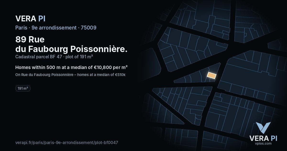 89 Rue du Faubourg Poissonnière, 9e arrondissement at night – the plot lit, the parcels around coloured by the prices near them