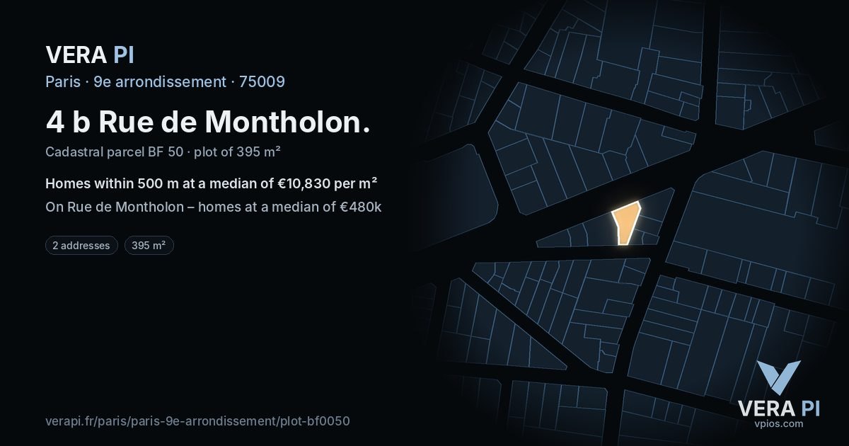 4 b Rue de Montholon, 9e arrondissement at night – the plot lit, the parcels around coloured by the prices near them