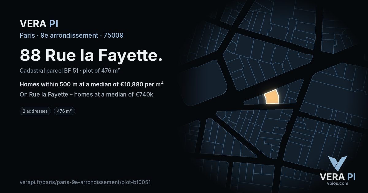 88 Rue la Fayette, 9e arrondissement at night – the plot lit, the parcels around coloured by the prices near them