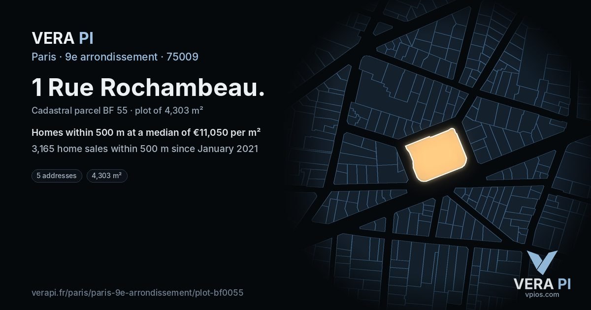 1 Rue Rochambeau, 9e arrondissement at night – the plot lit, the parcels around coloured by the prices near them