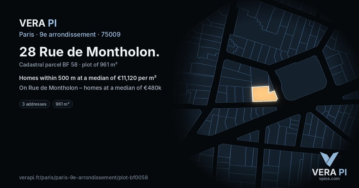 28 Rue de Montholon, 9e arrondissement at night – the plot lit, the parcels around coloured by the prices near them