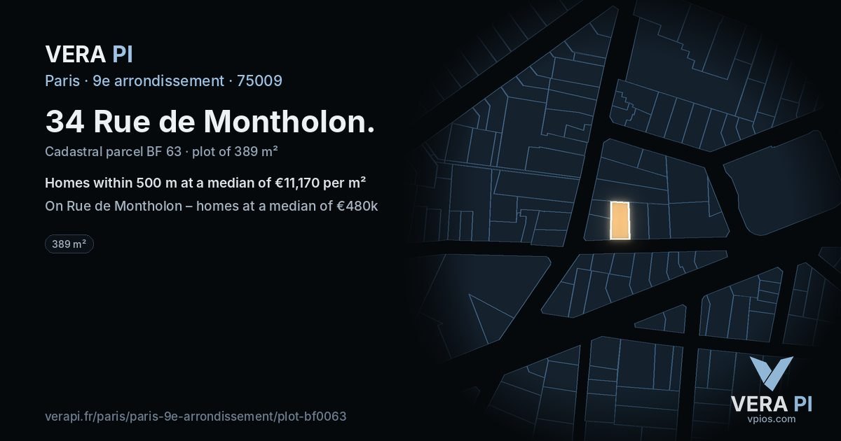 34 Rue de Montholon, 9e arrondissement at night – the plot lit, the parcels around coloured by the prices near them