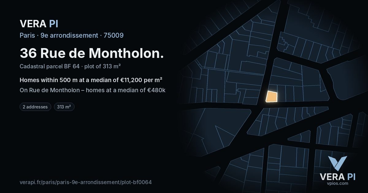 36 Rue de Montholon, 9e arrondissement at night – the plot lit, the parcels around coloured by the prices near them