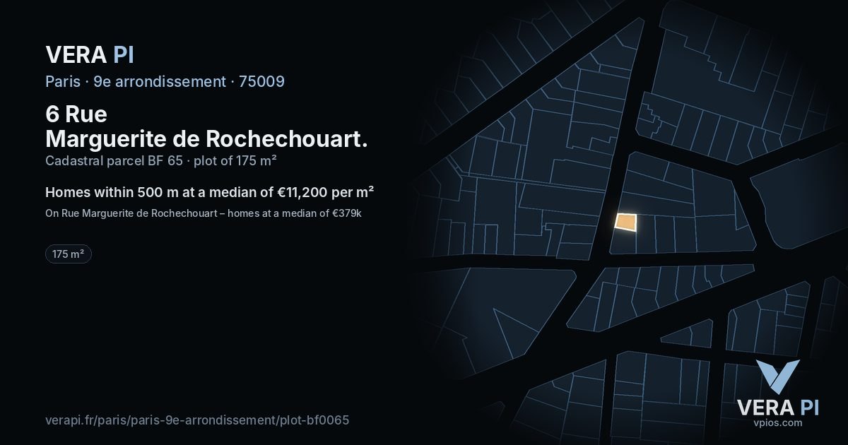 6 Rue Marguerite de Rochechouart, 9e arrondissement at night – the plot lit, the parcels around coloured by the prices near them