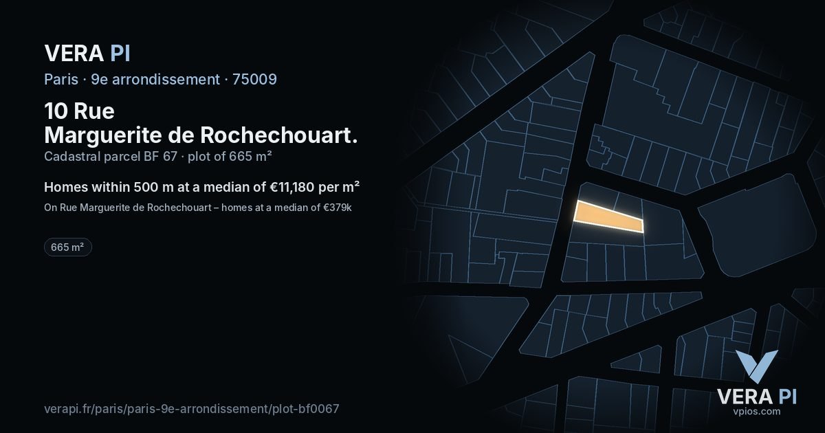 10 Rue Marguerite de Rochechouart, 9e arrondissement at night – the plot lit, the parcels around coloured by the prices near them