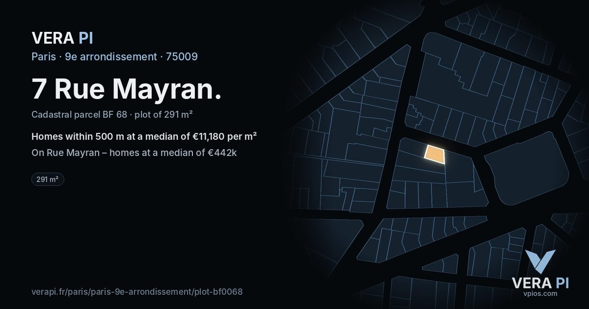 7 Rue Mayran, 9e arrondissement at night – the plot lit, the parcels around coloured by the prices near them