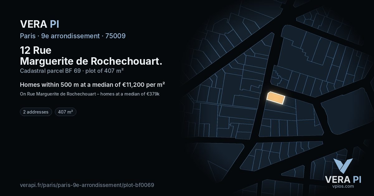 12 Rue Marguerite de Rochechouart, 9e arrondissement at night – the plot lit, the parcels around coloured by the prices near them