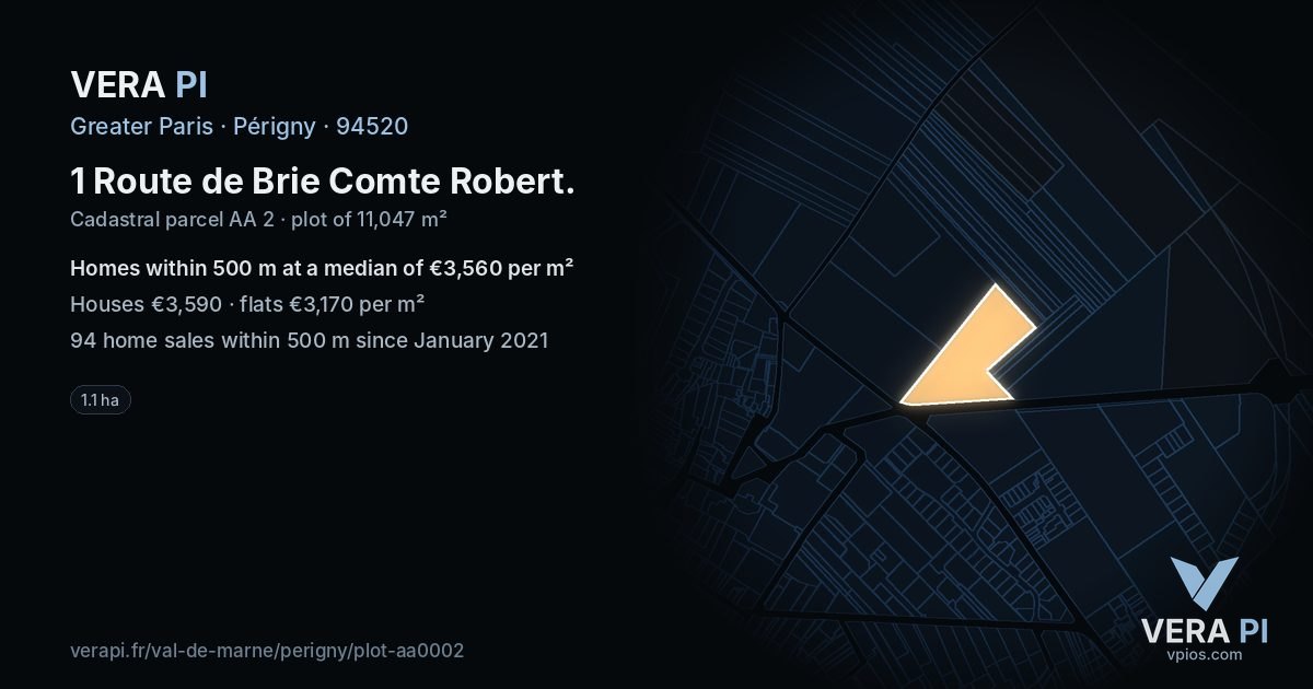 1 Route de Brie Comte Robert, Périgny at night – the plot lit, the parcels around coloured by the prices near them