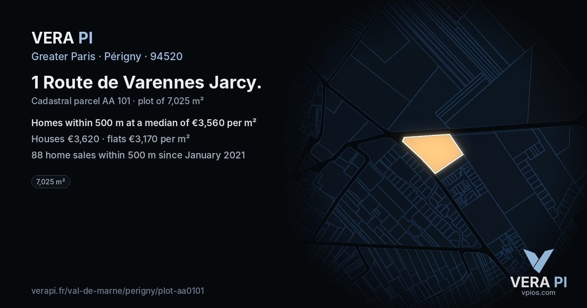 1 Route de Varennes Jarcy, Périgny at night – the plot lit, the parcels around coloured by the prices near them