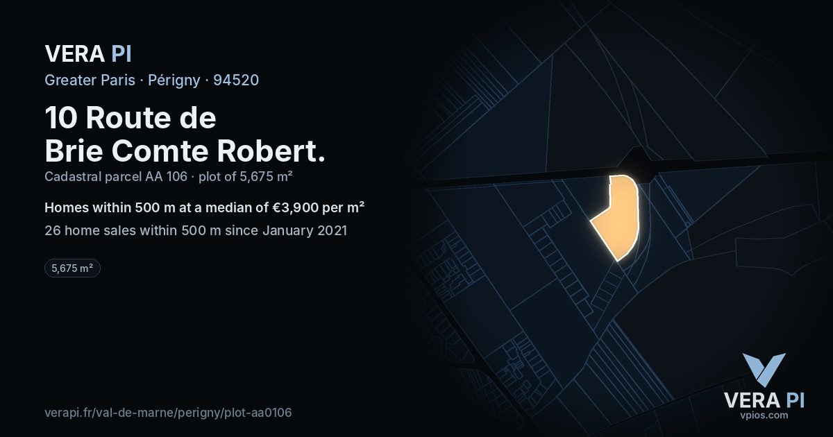 10 Route de Brie Comte Robert, Périgny at night – the plot lit, the parcels around coloured by the prices near them