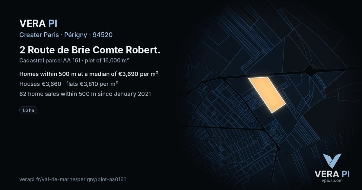 2 Route de Brie Comte Robert, Périgny at night – the plot lit, the parcels around coloured by the prices near them