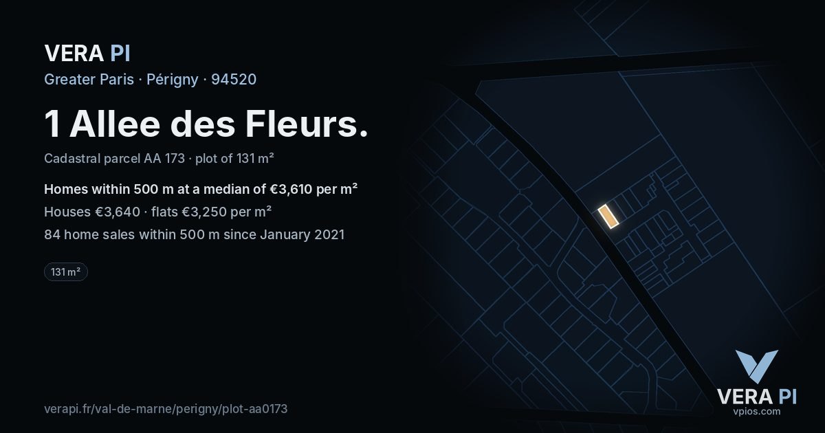 1 Allee des Fleurs, Périgny at night – the plot lit, the parcels around coloured by the prices near them
