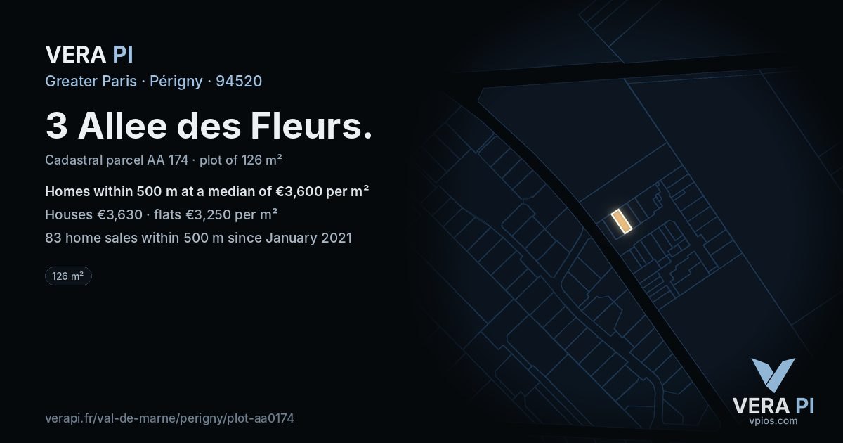 3 Allee des Fleurs, Périgny at night – the plot lit, the parcels around coloured by the prices near them