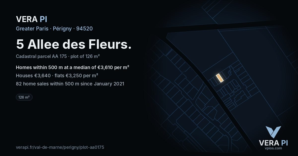 5 Allee des Fleurs, Périgny at night – the plot lit, the parcels around coloured by the prices near them