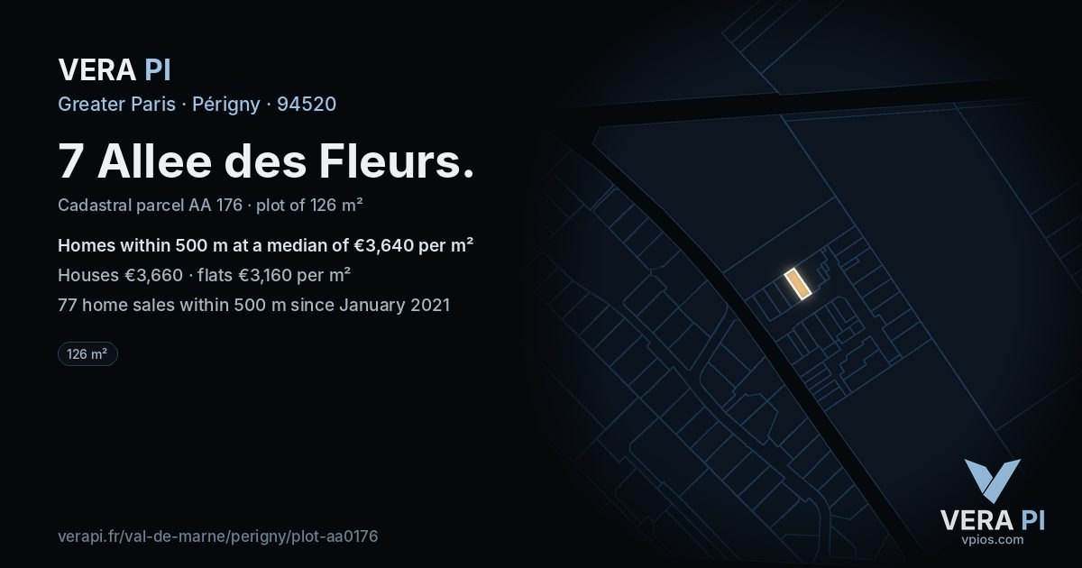 7 Allee des Fleurs, Périgny at night – the plot lit, the parcels around coloured by the prices near them