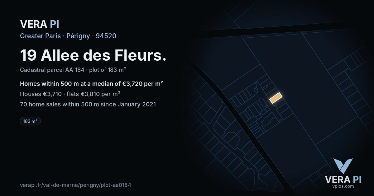 19 Allee des Fleurs, Périgny at night – the plot lit, the parcels around coloured by the prices near them