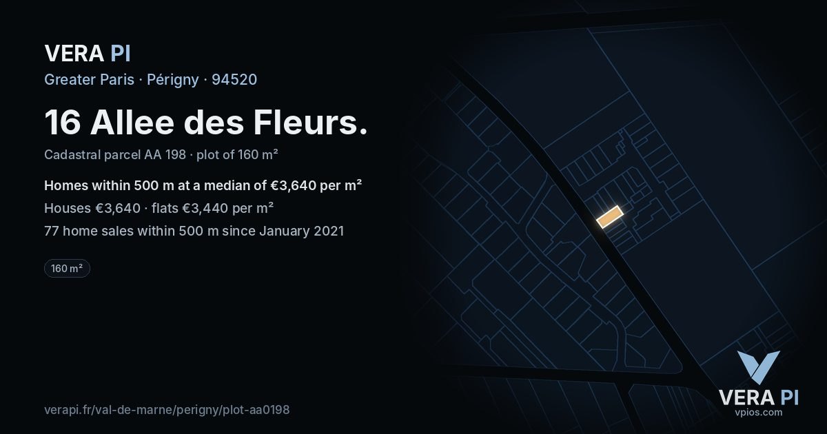 16 Allee des Fleurs, Périgny at night – the plot lit, the parcels around coloured by the prices near them