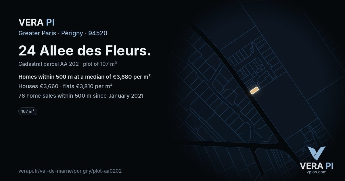 24 Allee des Fleurs, Périgny at night – the plot lit, the parcels around coloured by the prices near them