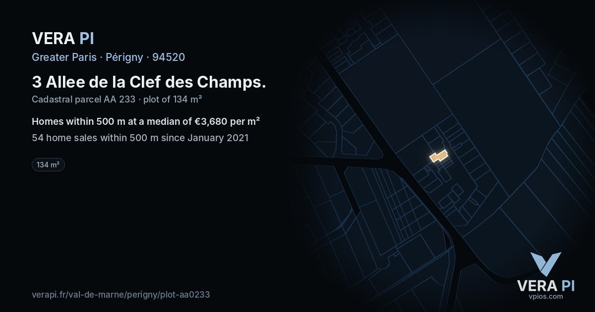 3 Allee de la Clef des Champs, Périgny at night – the plot lit, the parcels around coloured by the prices near them