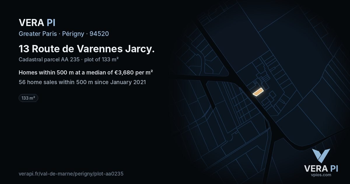 13 Route de Varennes Jarcy, Périgny at night – the plot lit, the parcels around coloured by the prices near them