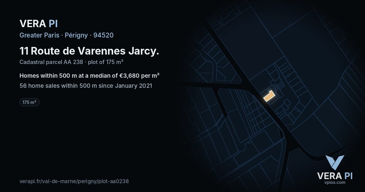 11 Route de Varennes Jarcy, Périgny at night – the plot lit, the parcels around coloured by the prices near them